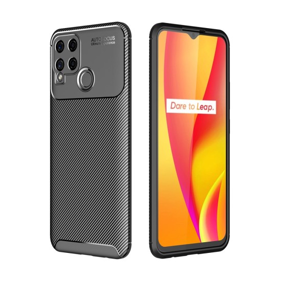 Carbon Fiber Brushed TPU Back Phone Case priekš Realme C15 - Melns - triecienizturīgs silikona aizmugures apvalks / bampers-vāciņš