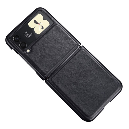 Anti Scratch PU Leather Coated PC Phone Cover priekš Samsung Galaxy Flip3 5G - Melns - mākslīgās ādas aizmugures apvalks / vāciņš