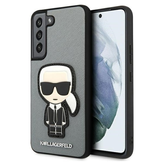 Karl Lagerfeld Ikonik Saffiano Karl`s Patch series Back Case KLHCS22SOKPG priekš Samsung Galaxy S22 5G S901 - Sudrabains - mākslīgās ādas aizmugures apvalks / bampers-vāciņš