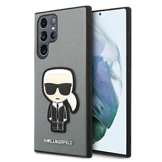 Karl Lagerfeld Ikonik Saffiano Karl`s Patch series Back Case KLHCS22LOKPG priekš Samsung Galaxy S22 Ultra 5G S908 - Sudrabains - mākslīgās ādas aizmugures apvalks / bampers-vāciņš