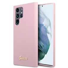 Guess Silicone Script Metal Logo Collection Back Case GUHCS22LLSLMGLA priekš Samsung Galaxy S22 Ultra 5G S908 - Rozā - silikona aizmugures apvalks / bampers-vāciņš