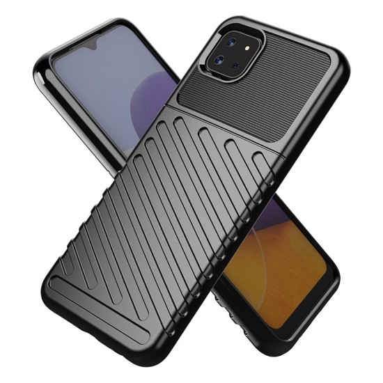 Thunder Series Twill Texture TPU Protector Case priekš Samsung Galaxy A22 5G A226 - Melns - triecienizturīgs silikona aizmugures apvalks / bampers-vāciņš