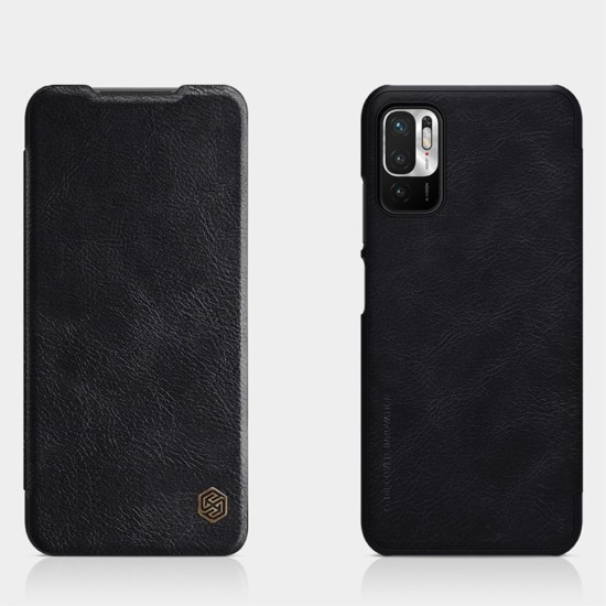 NILLKIN Qin Series Card Holder Leather Flip Case priekš Xiaomi Redmi Note 10 Pro - Melns - sāniski atverams maciņš