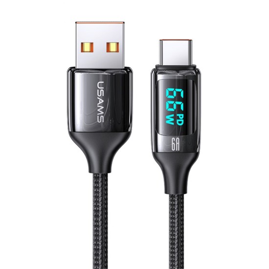 Usams 1.2M U78 Braided 6A USB to Type-C cable with Led Display - Melns - USB-C lādēšanas un datu kabelis / vads