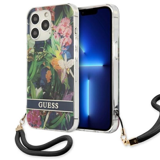 Guess Flower Strap Collection Back Case GUHCP13LHFLSB для Apple iPhone 13 Pro - Синий / Цветочный - чехол-накладка из силикона и пластика с шнурком / бампер-крышка