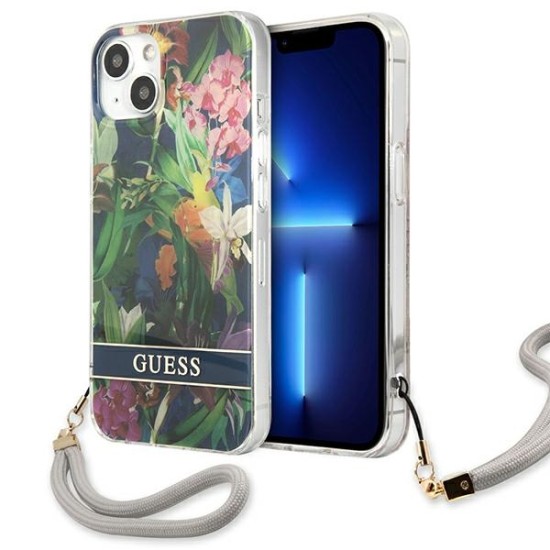 Guess Flower Strap Collection Back Case GUHCP13SHFLSB priekš Apple iPhone 13 mini - Zils / Puķains - silkona-plastikāta aizmugures apvalks ar auklu / bampers-vāciņš