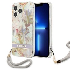 Guess Flower Strap Collection Back Case GUHCP13LHFLSU priekš Apple iPhone 13 Pro - Violets / Puķains - silkona-plastikāta aizmugures apvalks ar auklu / bampers-vāciņš