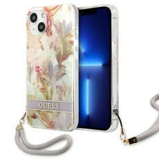 Guess Flower Strap Collection Back Case GUHCP13MHFLSU priekš Apple iPhone 13 - Violets / Puķains - silkona-plastikāta aizmugures apvalks ar auklu / bampers-vāciņš