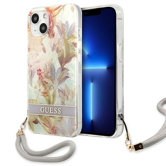 Guess Flower Strap Collection Back Case GUHCP13SHFLSU priekš Apple iPhone 13 mini - Violets / Puķains - silkona-plastikāta aizmugures apvalks ar auklu / bampers-vāciņš