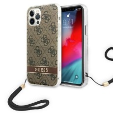Guess 4G Print Strap Collection Back Case GUOHCP12MH4STW priekš Apple iPhone 12 / 12 Pro - Brūns - silkona-plastikāta aizmugures apvalks ar auklu / bampers-vāciņš