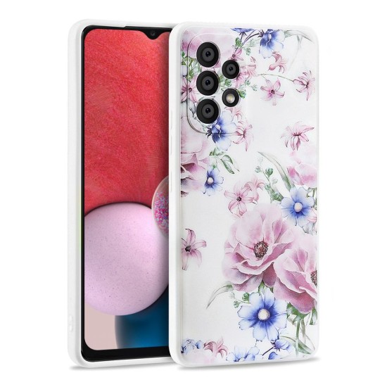 Tech-Protect Bloom Series Back Case priekš Samsung Galaxy A13 4G A135 - Balts / Puķes - silikona aizmugures apvalks / bampers-vāciņš