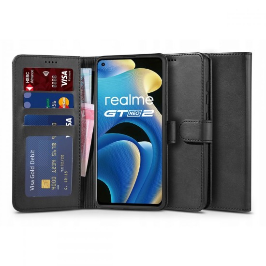 Tech-Protect Wallet Book Case priekš Realme GT Neo 2 - Melns - sāniski atverams maciņš ar magnētu un stendu / grāmatveida maks