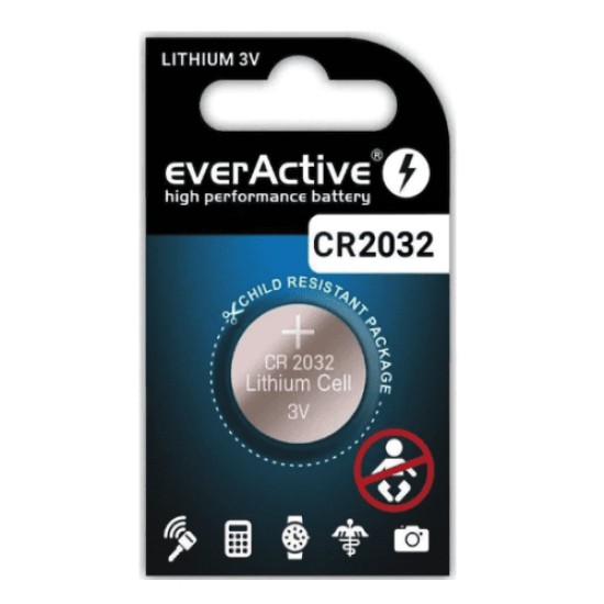 Litija baterija everActive Lithium Cell CR2032 3.0V / 210mAh (20.0mm x 3.2mm) - 1 gab.