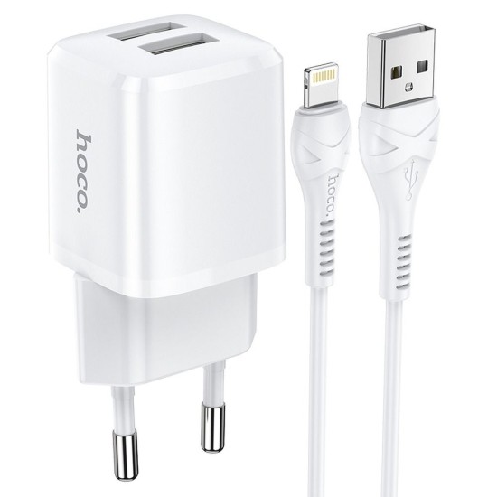 Hoco N8 2xUSB 2.4A / 12W Travel Charger with USB to Lightning Cable - Balts - USB tīkla lādētājs ar USB uz Lightning vadu