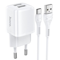 Hoco N8 2xUSB 2.4A / 12W Travel Charger with USB to Type-C Cable - Balts - USB tīkla lādētājs ar USB uz USB-C vadu