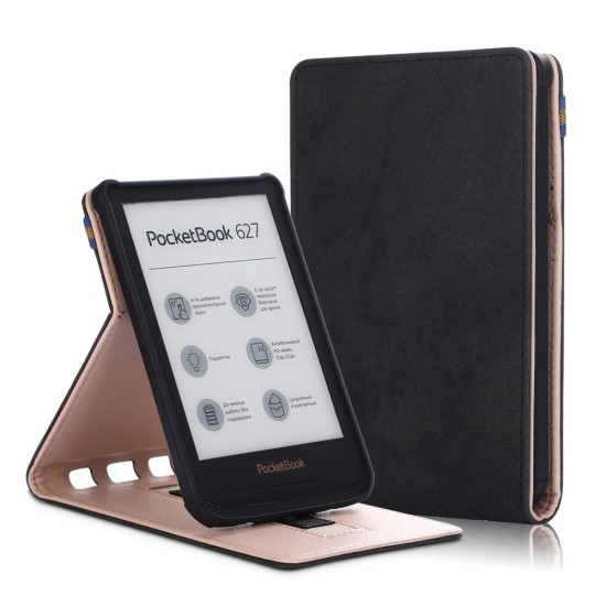 PocketBook Case priekš Basic 4 (606) / Lux 2 (616) / Touch Lux 4 / 5 (627, 628) / Touch HD3 (632) / Color (633) - Melns - mākslīgās ādas vertikāli atverams maks / maciņš