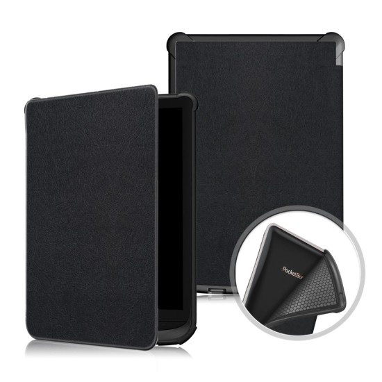 PocketBook Solid Color Case priekš Basic 4 (606) / Lux 2 (616) / Touch Lux 4 / 5 (627, 628) / Touch HD3 (632) / Color (633) - Melns - mākslīgās ādas sāniski atverams maks / maciņš