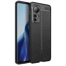 Litchi Skin PU Leather Coated TPU Mobile Phone Case priekš Xiaomi 12 / 12X - Melns - ādas imitācijas triecienizturīgs silikona aizmugures apvalks (maciņš, bampers, vāciņš, slim cover, bumper, back case)