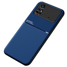 TPU Inner Edge PU Leather Shockproof Phone Cover Built-in Metal Sheet priekš Xiaomi Poco M4 Pro 4G - Tumši Zils - mākslīgās ādas aizmugures apvalks ar iebūvētu metālisku plāksni