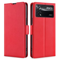Ultra-thin PU Leather Magnetic Closure Phone Case priekš Xiaomi Poco X4 Pro 5G - Sarkans - sāniski atverams maciņš ar magnētu un stendu / grāmatveida maks
