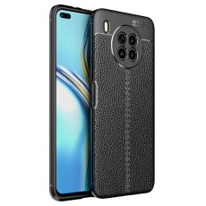 Litchi Skin PU Leather Coated TPU Mobile Phone Case priekš Huawei Nova 8i - Melns - ādas imitācijas triecienizturīgs silikona aizmugures apvalks (maciņš, bampers, vāciņš, slim cover, bumper, back case)