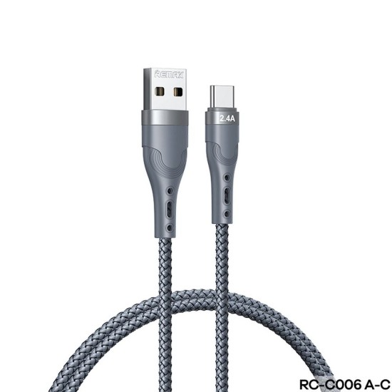 Remax 1M RC-C006 Sailing USB to Type-C USB 2.4A cable - Pelēks - USB-C lādēšanas un datu kabelis / vads