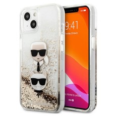 Karl Lagerfeld Liquid Glitter Karl & Choupette Head series Back Case KLHCP13MKICGLD priekš Apple iPhone 13 - Zelts - silikona-plastikāta aizmugures apvalks / bampers-vāciņš