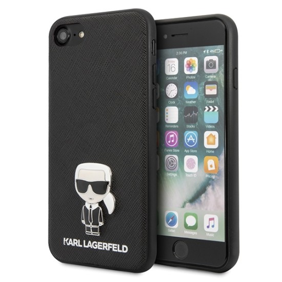 Karl Lagerfeld Saffiano Ikonik Metal series Back Case KLHCI8IKFBMBK priekš Apple iPhone 7 / 8 / SE2 (2020) / SE3 (2022) - Melns - mākslīgās ādas aizmugures apvalks / bampers-vāciņš