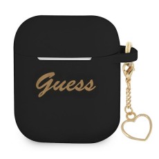 Guess GUA2LSCHSK Silicone Charm Heart Collection Case priekš Apple Airpods - Melns - silikona apvalks bezvadu austiņu lādēšanas ierīcei