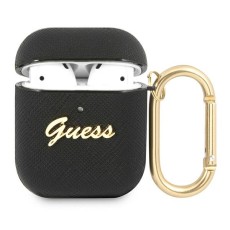 Guess GUA2SASMK Saffiano Script Metal Collection Case priekš Apple Airpods - Melns - mākslīgās ādas apvalks bezvadu austiņu lādēšanas ierīcei