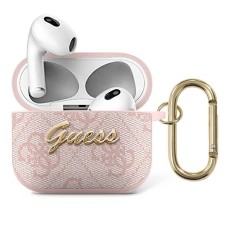 Guess GUA34GSMP Script Metal 4G Collection Case priekš Apple Airpods 3 - Rozā - mākslīgās ādas apvalks bezvadu austiņu lādēšanas ierīcei