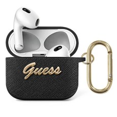 Guess GUA3SASMK Saffiano Script Metal Collection Case priekš Apple Airpods 3 - Melns - mākslīgās ādas apvalks bezvadu austiņu lādēšanas ierīcei
