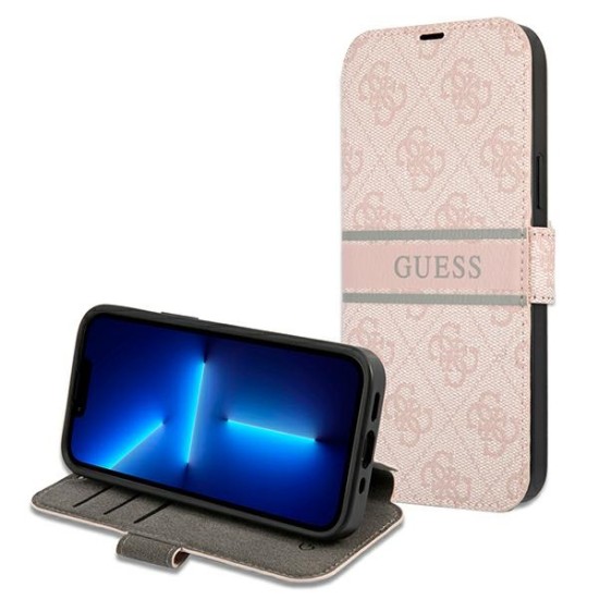 Guess 4G Stripe Collection Book Case GUBKP13L4GDPI priekš Apple iPhone 13 Pro - Rozā - mākslīgās ādas sāniski atverams maciņš ar stendu