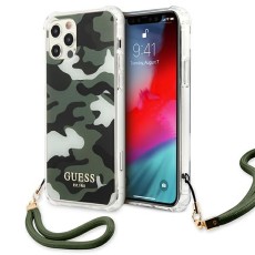 Guess Camo series Back Case GUHCP12MKSARKA priekš Apple iPhone 12 / 12 Pro - Haki - triecienizturīgs silikona aizmugures apvalks ar auklu / bampers-vāciņš