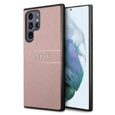 Guess Saffiano Stripe Collection Back Case GUHCS22LPSASBPI priekš Samsung Galaxy S22 Ultra 5G S908 - Rozā - mākslīgās ādas aizmugures apvalks / bampers-vāciņš