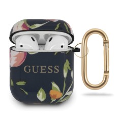 Guess GUACA2TPUBKFL03 Flower Collection Case priekš Apple Airpods - Melns - silikona apvalks bezvadu austiņu lādēšanas ierīcei