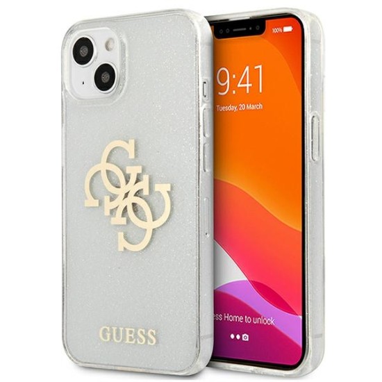 Guess 4G Glitter Big Logo Collection Back Case GUHCP13SPCUGL4GTR priekš Apple iPhone 13 mini - Caurspīdīgs - silkona aizmugures apvalks / bampers-vāciņš