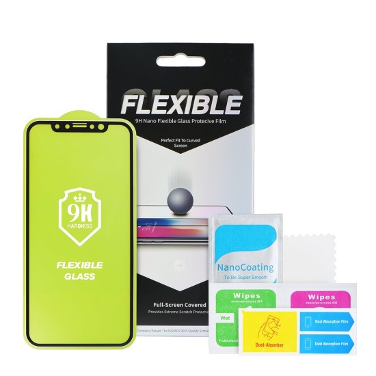 5D Full Glue Flexible Nano Tempered Glass 9H screen protector guard priekš Apple iPhone 14 Pro - Melns - Ekrāna Aizsargstikls / Bruņota Stikla Aizsargplēve