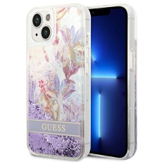 Guess Liquid Glitter Flower Collection Back Case GUHCP14SLFLSU priekš Apple iPhone 14 - Violets / Puķains - silkona-plastikāta aizmugures apvalks / bampers-vāciņš