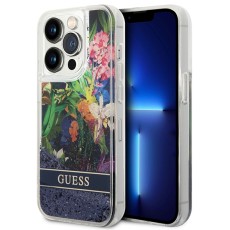Guess Liquid Glitter Flower Collection Back Case GUHCP14LLFLSB priekš Apple iPhone 14 Pro - Zils / Puķains - silkona-plastikāta aizmugures apvalks / bampers-vāciņš