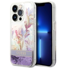 Guess Liquid Glitter Flower Collection Back Case GUHCP14LLFLSU priekš Apple iPhone 14 Pro - Violets / Puķains - silkona-plastikāta aizmugures apvalks / bampers-vāciņš