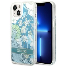 Guess Liquid Glitter Flower Collection Back Case GUHCP14MLFLSN priekš Apple iPhone 14 Plus - Zaļš / Puķains - silkona-plastikāta aizmugures apvalks / bampers-vāciņš