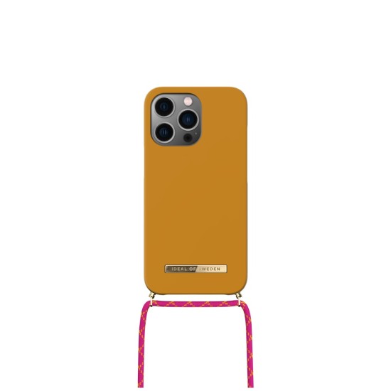 iDeal of Sweden Ordinary Necklace AG22 Back Case priekš Apple iPhone 13 - Ochre Yellow - plastikāta aizmugures apvalks ar auklu un iebūvētu metālisku plāksni / bampers-vāciņš