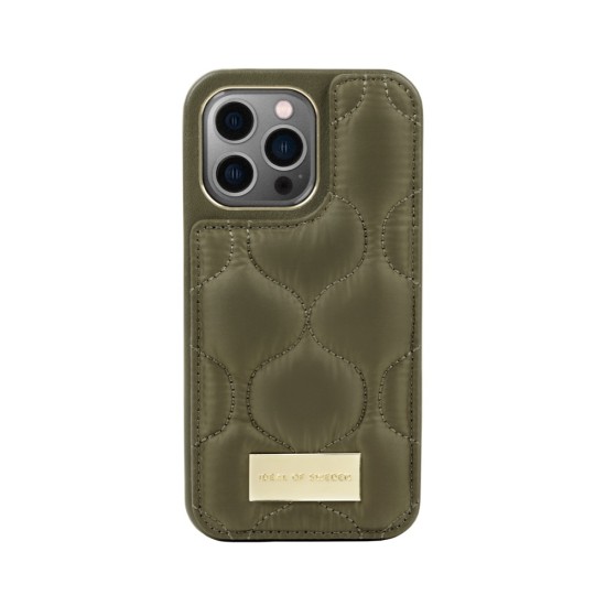 iDeal of Sweden Atelier AG22 Back Case priekš Apple iPhone 14 Pro - Puffy Khaki - mākslīgās ādas aizmugures apvalks ar turētāju / bampers-vāciņš