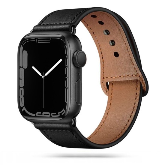 Tech-Protect Leather Fit Watch Band priekš Apple Watch 42 / 44 / 45 mm / Ultra 49 mm - Melns - dabīgās ādas siksniņa viedpulksteņiem