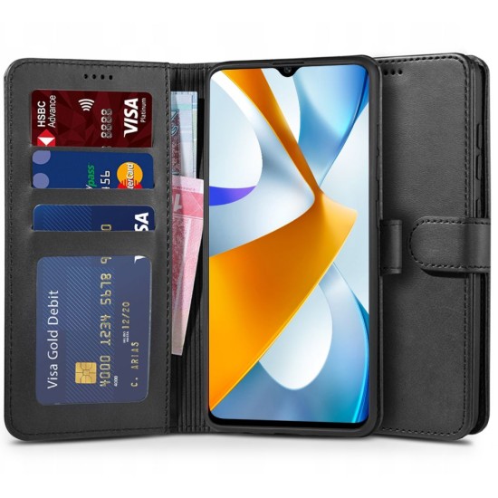 Tech-Protect Wallet Book Case priekš Xiaomi Poco C40 - Melns - sāniski atverams maciņš ar magnētu un stendu / grāmatveida maks