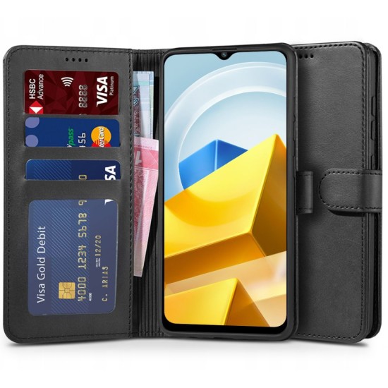 Tech-Protect Wallet Book Case priekš Xiaomi Poco M5 - Melns - sāniski atverams maciņš ar magnētu un stendu / grāmatveida maks