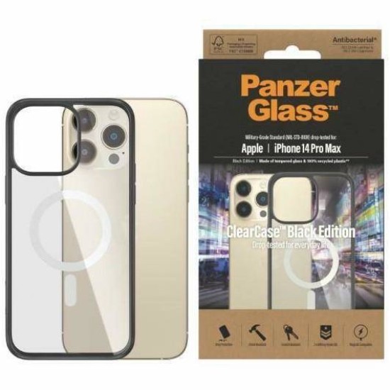 PanzerGlass MagSafe ClearCase Antibacterial priekš Apple iPhone 14 - Caurspīdīgs / Melns - plastikāta un stikla aizmugures apvalks / bampers-vāciņš