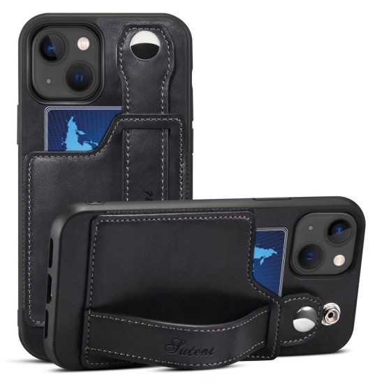 Suteni Impact Buffer PU Leather Back Case with Card Slot and Kickstand priekš Apple iPhone 13 - Melns - mākslīgās ādas aizmugures apvalks ar kabatiņu un statīvu / bampers-vāciņš