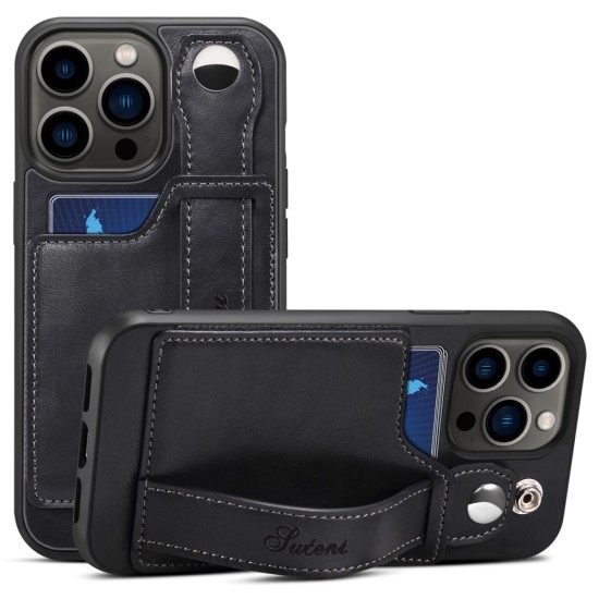 Suteni Impact Buffer PU Leather Back Case with Card Slot and Kickstand priekš Apple iPhone 14 Pro - Melns - mākslīgās ādas aizmugures apvalks ar kabatiņu un statīvu / bampers-vāciņš